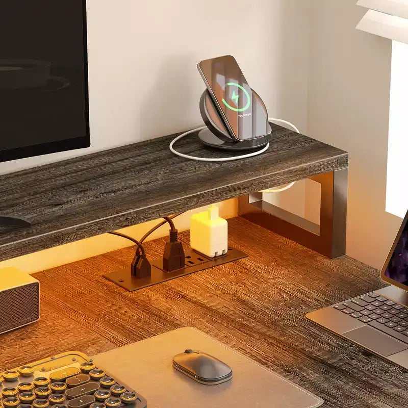Besiost 66-73 Bureau réversible en L avec station de charge, bureau d'ordinateur pour bureau à domicile avec lumières LED et tiroirs