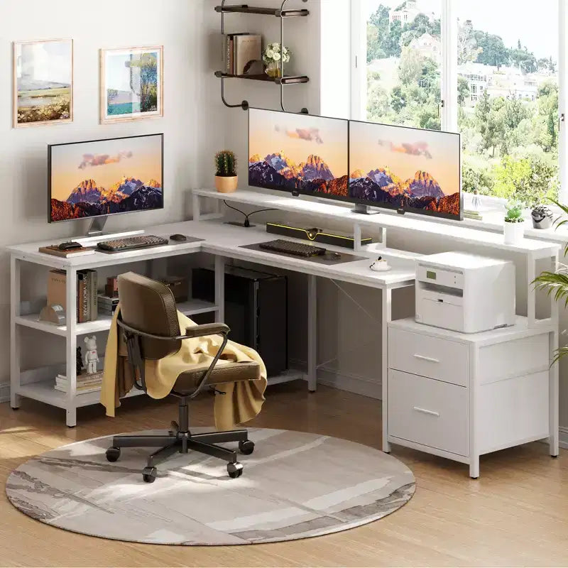 Besiost 66-73 Bureau réversible en L avec station de charge, bureau d'ordinateur pour bureau à domicile avec lumières LED et tiroirs