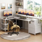 Besiost 66-73 Bureau réversible en L avec station de charge, bureau d'ordinateur pour bureau à domicile avec lumières LED et tiroirs
