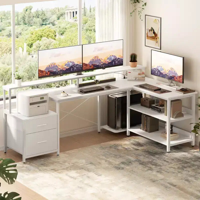 Besiost 66-73 Bureau réversible en L avec station de charge, bureau d'ordinateur pour bureau à domicile avec lumières LED et tiroirs