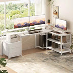 Besiost 66-73 Bureau réversible en L avec station de charge, bureau d'ordinateur pour bureau à domicile avec lumières LED et tiroirs