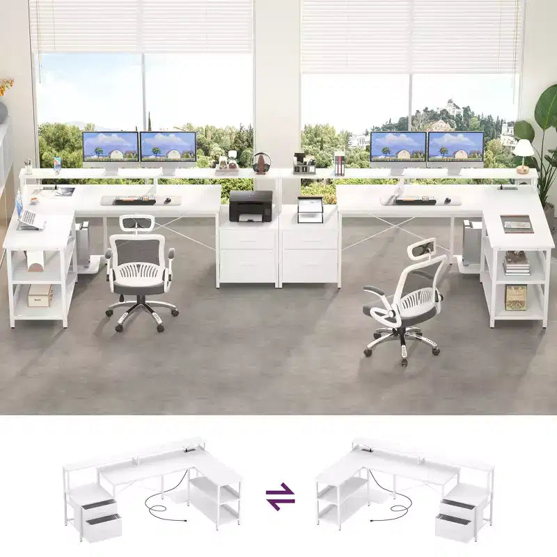 Besiost 66-73 Bureau réversible en L avec station de charge, bureau d'ordinateur pour bureau à domicile avec lumières LED et tiroirs