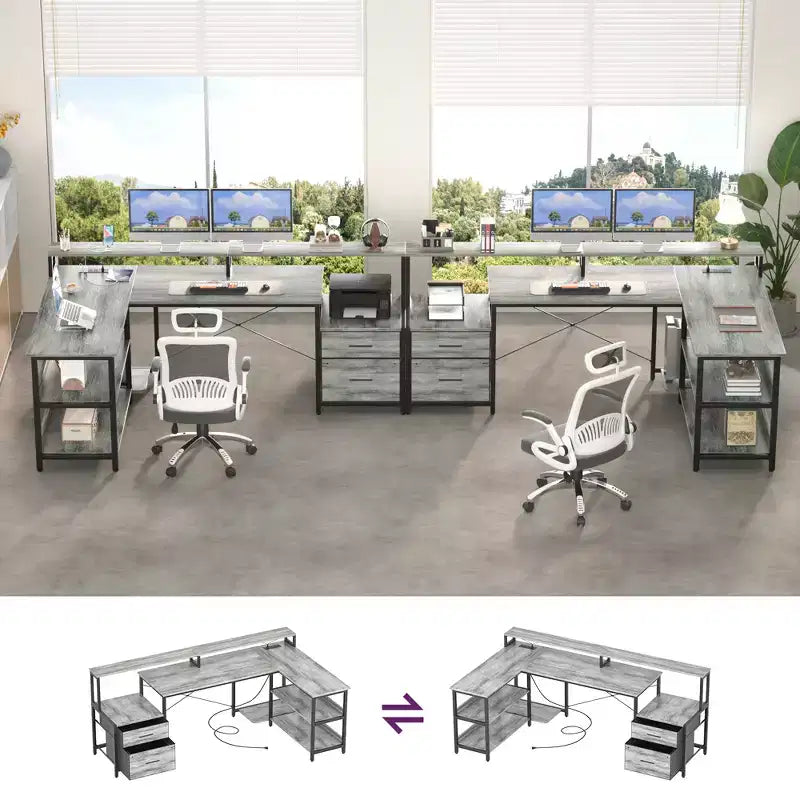 Besiost 66-73 Bureau réversible en L avec station de charge, bureau d'ordinateur pour bureau à domicile avec lumières LED et tiroirs