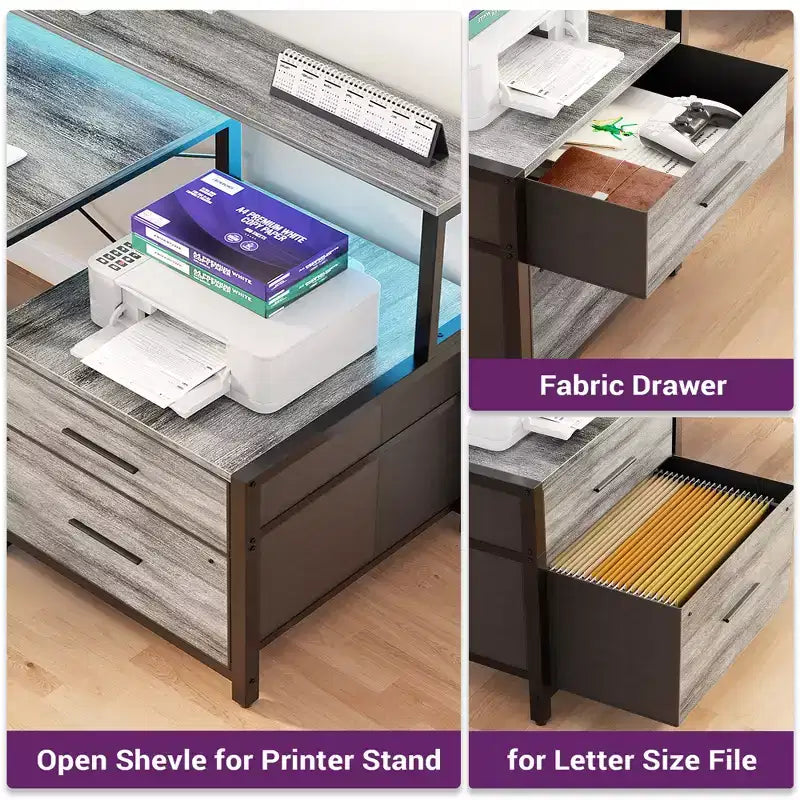 Besiost 66-73 Bureau réversible en L avec station de charge, bureau d'ordinateur pour bureau à domicile avec lumières LED et tiroirs