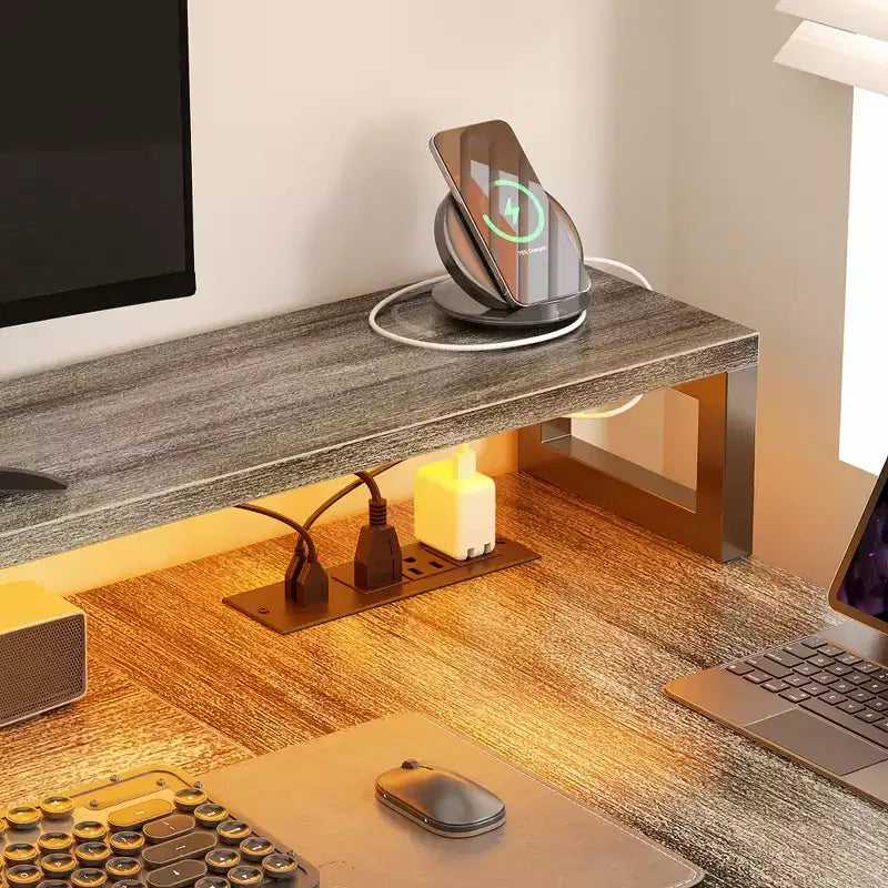 Besiost 66-73 Bureau réversible en L avec station de charge, bureau d'ordinateur pour bureau à domicile avec lumières LED et tiroirs