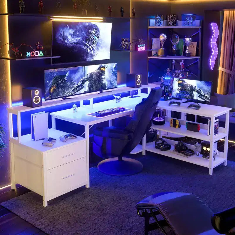 Besiost 66-73 Bureau réversible en L avec station de charge, bureau d'ordinateur pour bureau à domicile avec lumières LED et tiroirs