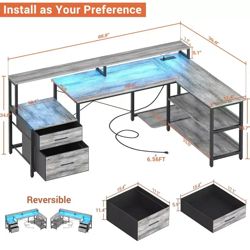Besiost 66-73 Bureau réversible en L avec station de charge, bureau d'ordinateur pour bureau à domicile avec lumières LED et tiroirs