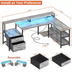 Besiost 66-73 Bureau réversible en L avec station de charge, bureau d'ordinateur pour bureau à domicile avec lumières LED et tiroirs