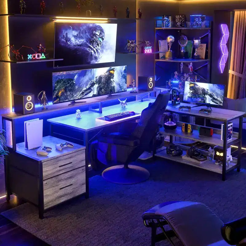 Besiost 66-73 Bureau réversible en L avec station de charge, bureau d'ordinateur pour bureau à domicile avec lumières LED et tiroirs