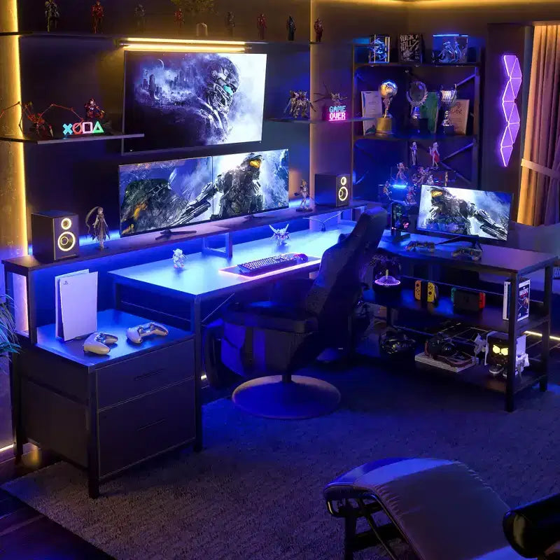 Besiost 66-73 Bureau réversible en L avec station de charge, bureau d'ordinateur pour bureau à domicile avec lumières LED et tiroirs