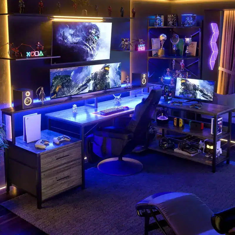 Besiost 66-73 Bureau réversible en L avec station de charge, bureau d'ordinateur pour bureau à domicile avec lumières LED et tiroirs