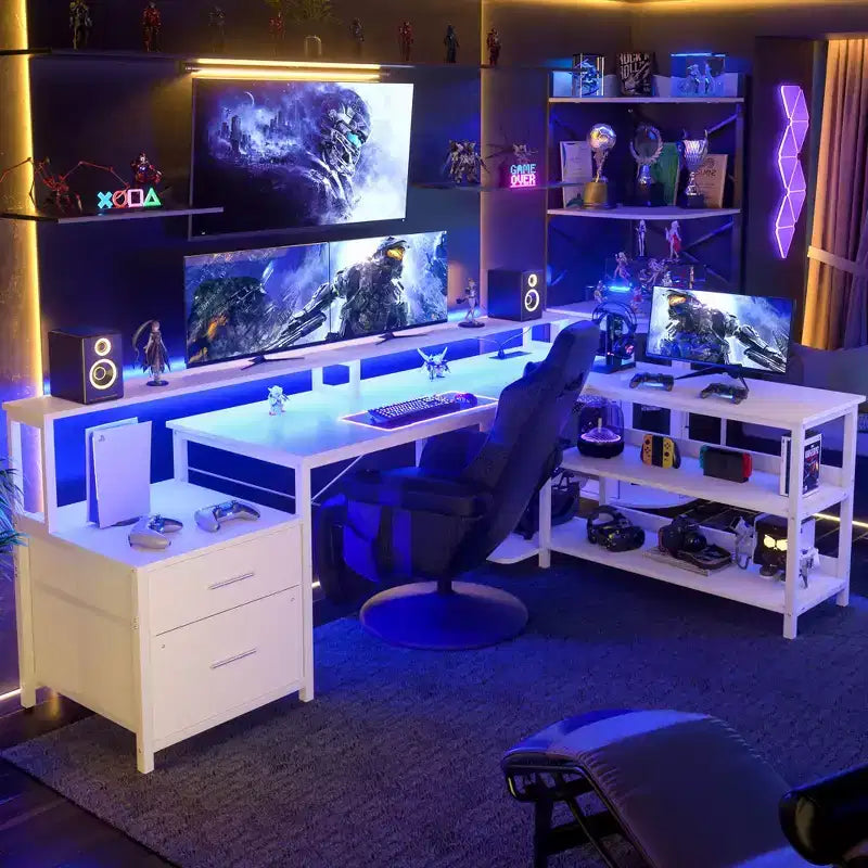 Besiost 66-73 Bureau réversible en L avec station de charge, bureau d'ordinateur pour bureau à domicile avec lumières LED et tiroirs