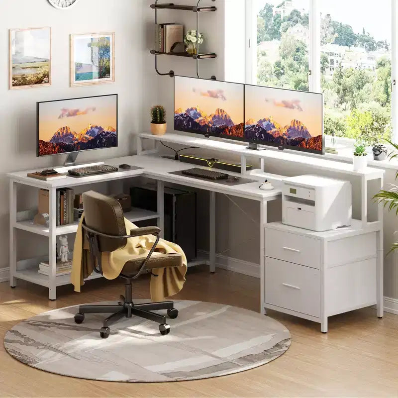 Besiost 66-73 Bureau réversible en L avec station de charge, bureau d'ordinateur pour bureau à domicile avec lumières LED et tiroirs