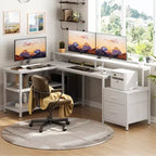 Besiost 66-73 Bureau réversible en L avec station de charge, bureau d'ordinateur pour bureau à domicile avec lumières LED et tiroirs