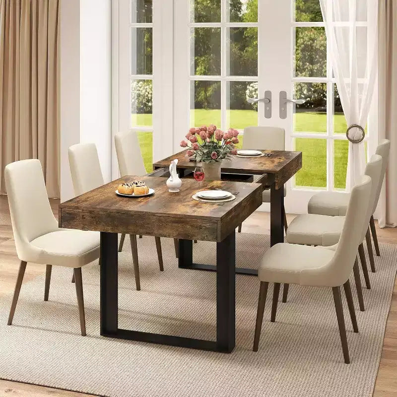 Zevemomo 63-78.7 Table de ferme extensible, 6-10 places avec glissières métalliques et pieds coniques en U, table rectangulaire marron rustique pour salle à manger et bureau