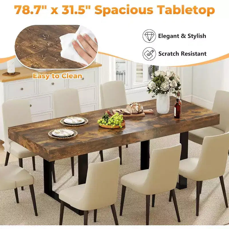 Zevemomo 63-78.7 Table de ferme extensible, 6-10 places avec glissières métalliques et pieds coniques en U, table rectangulaire marron rustique pour salle à manger et bureau