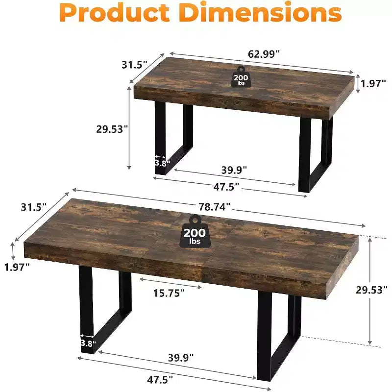 Zevemomo 63-78.7 Table de ferme extensible, 6-10 places avec glissières métalliques et pieds coniques en U, table rectangulaire marron rustique pour salle à manger et bureau