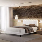 Cream White Petal Headboard Bed Frame with Ambient Light, Full/Queen Size Soft Boucle Upholstered Platform Bed - ModernLuxe