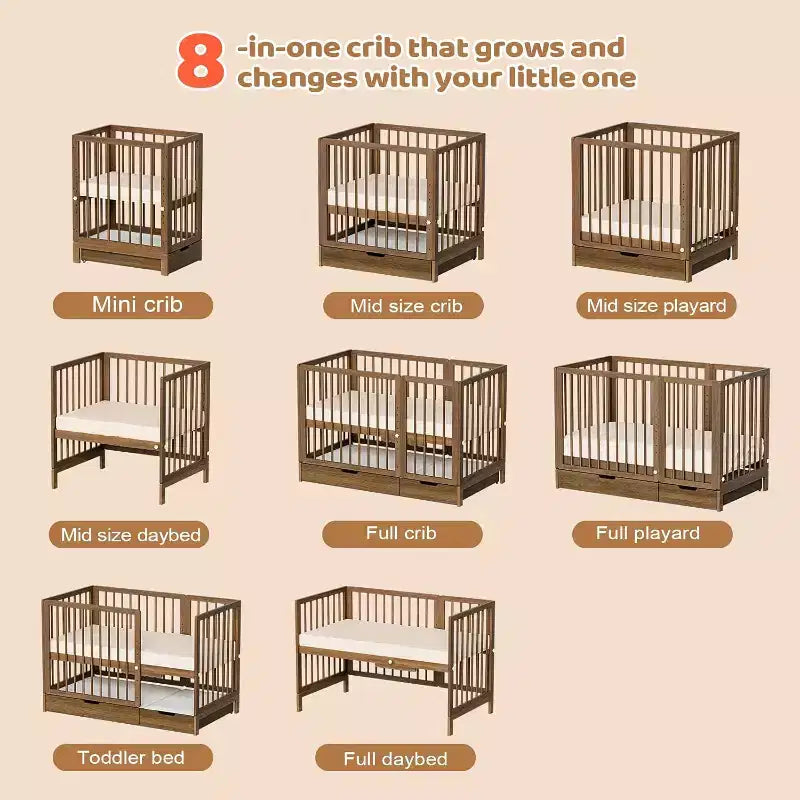 JOYMOR Lit de Bébé Convertible 8 en 1 avec Tiroir, Inclut 2 Matelas, Se Convertit en Moïse, Lit d'Appoint, Lit de Bébé Pleine Taille, Lit de Jour, Lit pour Tout-Petit et Parc de Jeu