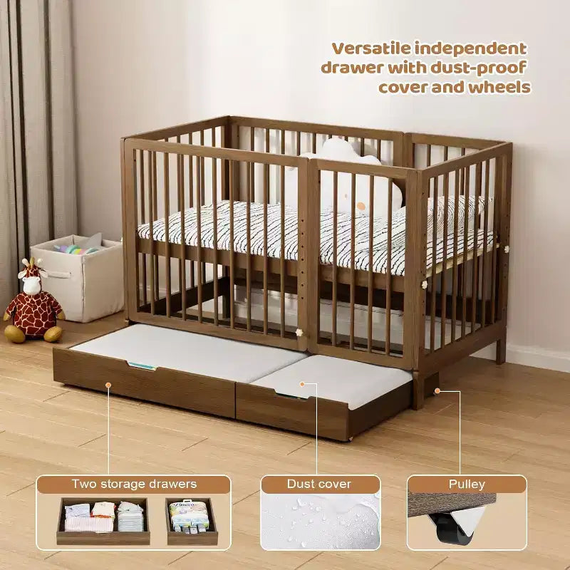 JOYMOR Lit de Bébé Convertible 8 en 1 avec Tiroir, Inclut 2 Matelas, Se Convertit en Moïse, Lit d'Appoint, Lit de Bébé Pleine Taille, Lit de Jour, Lit pour Tout-Petit et Parc de Jeu