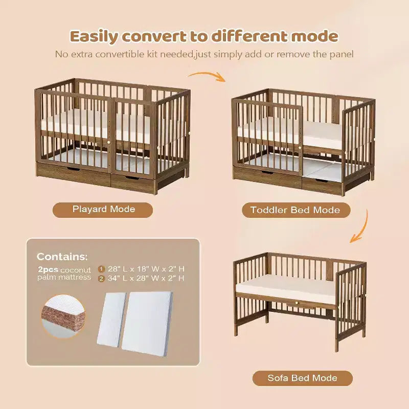 JOYMOR Lit de Bébé Convertible 8 en 1 avec Tiroir, Inclut 2 Matelas, Se Convertit en Moïse, Lit d'Appoint, Lit de Bébé Pleine Taille, Lit de Jour, Lit pour Tout-Petit et Parc de Jeu
