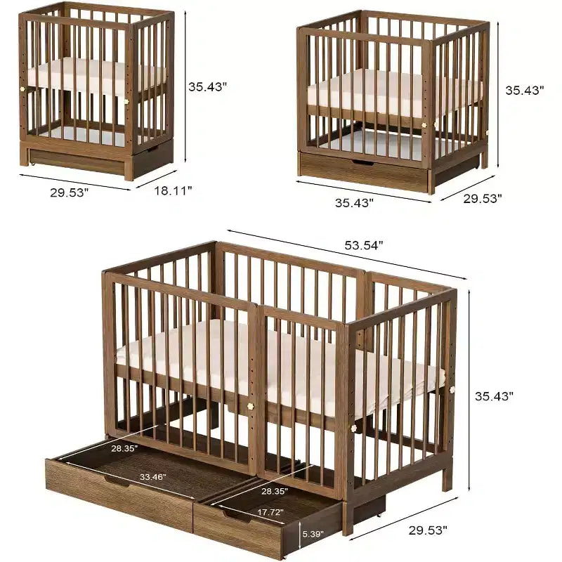 JOYMOR Lit de Bébé Convertible 8 en 1 avec Tiroir, Inclut 2 Matelas, Se Convertit en Moïse, Lit d'Appoint, Lit de Bébé Pleine Taille, Lit de Jour, Lit pour Tout-Petit et Parc de Jeu