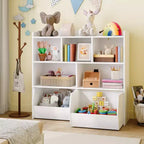 Organisateur de jouets avec 2 tiroirs mobiles, organisateur de jouets avec 5 casiers ouverts, coffre de rangement multifonctionnel pour salle de jeux