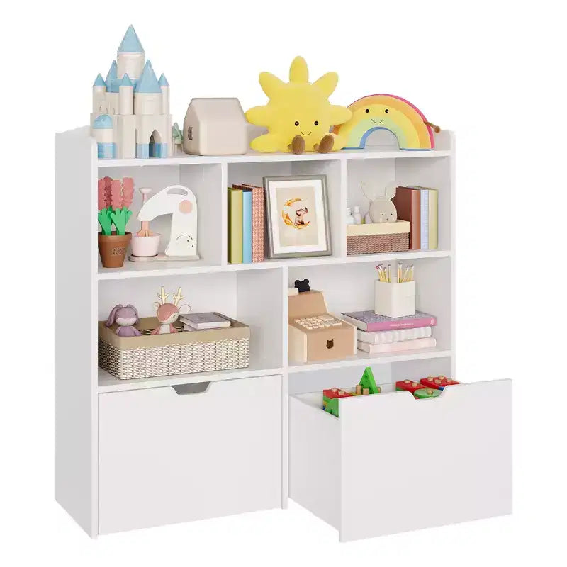 Organisateur de jouets avec 2 tiroirs mobiles, organisateur de jouets avec 5 casiers ouverts, coffre de rangement multifonctionnel pour salle de jeux