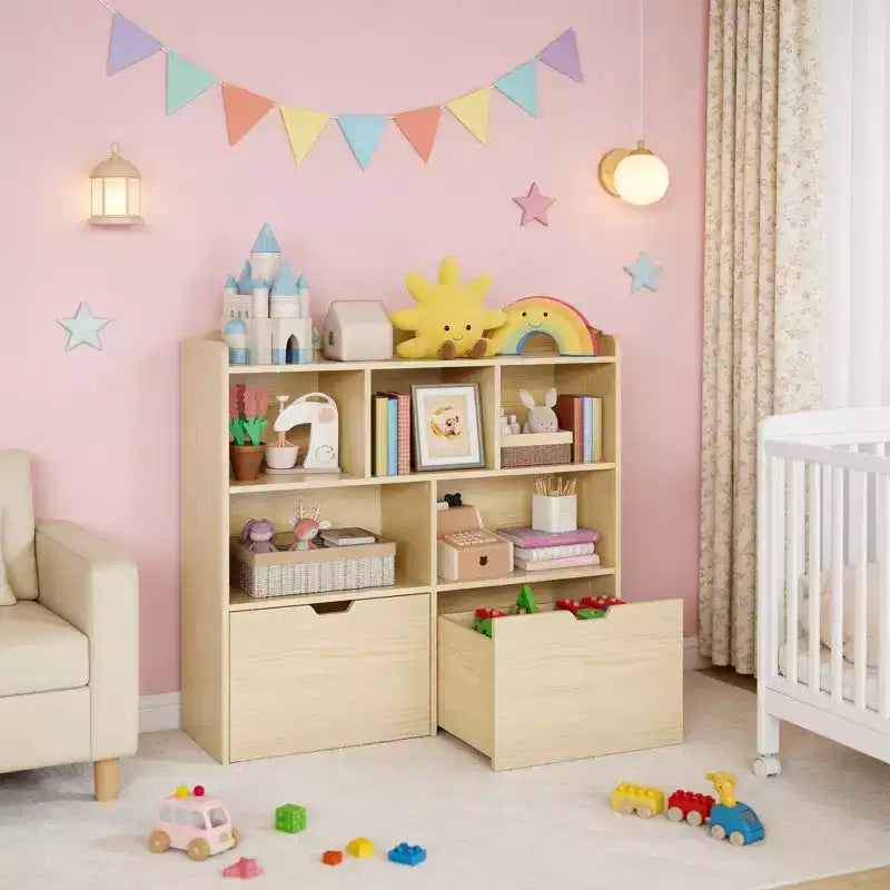 Organisateur de jouets avec 2 tiroirs mobiles, organisateur de jouets avec 5 casiers ouverts, coffre de rangement multifonctionnel pour salle de jeux