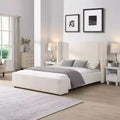 Elegant Upholstered Platform Bed with Tall Wingback Headboard, Queen/King Size Bed Frame, White - ModernLuxe