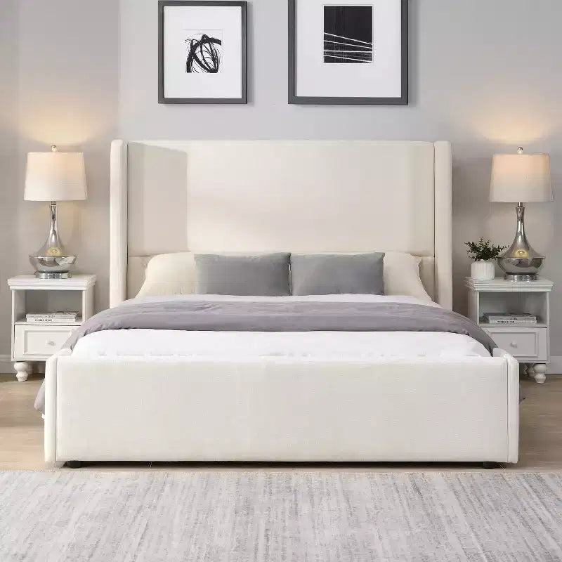 Lit Plateforme Rembourré Élégant avec Tête de Lit Haute à Ailettes, Cadre de Lit Queen/King Size, Blanc - ModernLuxe