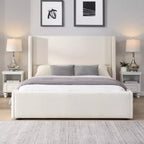Lit Plateforme Rembourré Élégant avec Tête de Lit Haute à Ailettes, Cadre de Lit Queen/King Size, Blanc - ModernLuxe