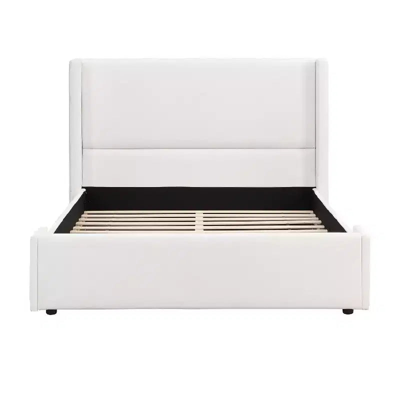 Lit Plateforme Rembourré Élégant avec Tête de Lit Haute à Ailettes, Cadre de Lit Queen/King Size, Blanc - ModernLuxe