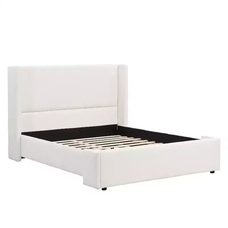 Lit Plateforme Rembourré Élégant avec Tête de Lit Haute à Ailettes, Cadre de Lit Queen/King Size, Blanc - ModernLuxe