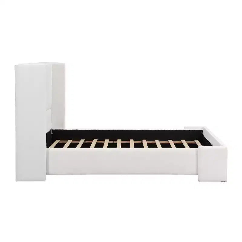Lit Plateforme Rembourré Élégant avec Tête de Lit Haute à Ailettes, Cadre de Lit Queen/King Size, Blanc - ModernLuxe