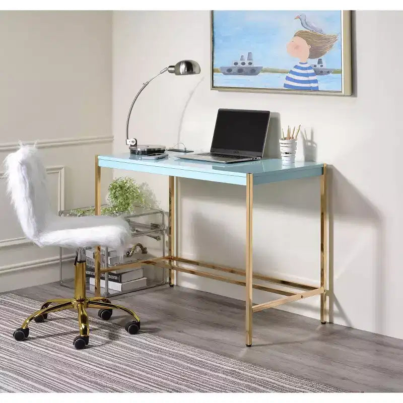 Okak Bureau de 108 cm avec Ports USB, Bureau Debout avec Base en Métal Doré, Bureau Informatique pour Salon, Bureau, Salle de Lecture