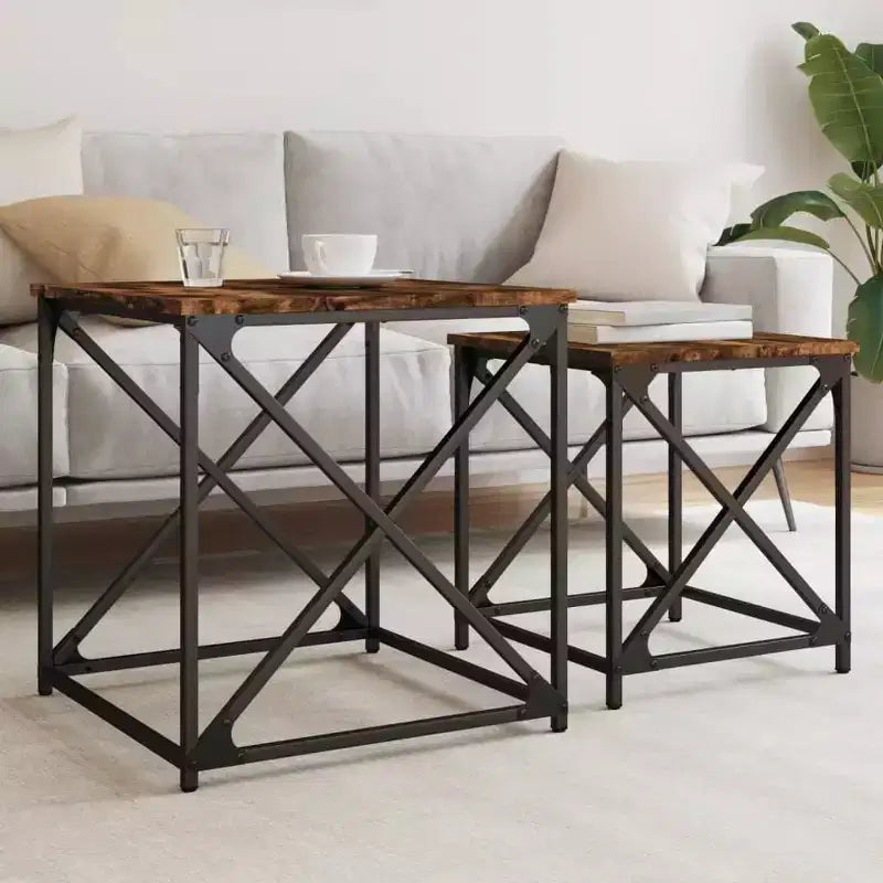 vidaXL Tables basses gigognes (lot de 2) - Bois d'ingénierie aspect chêne fumé avec cadre en métal pour salon, bureau - Meuble polyvalent