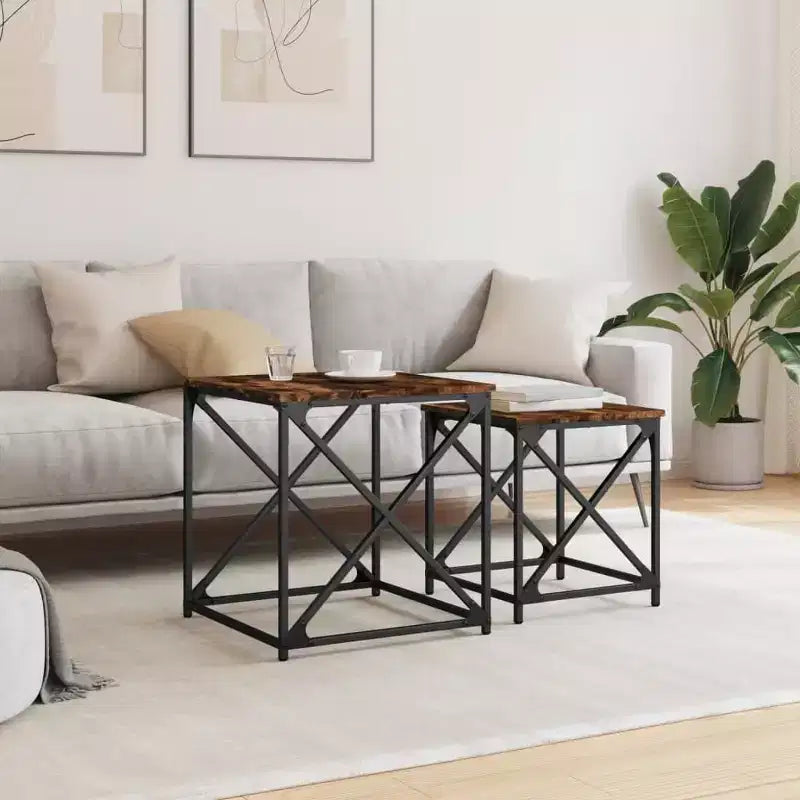 vidaXL Tables basses gigognes (lot de 2) - Bois d'ingénierie aspect chêne fumé avec cadre en métal pour salon, bureau - Meuble polyvalent