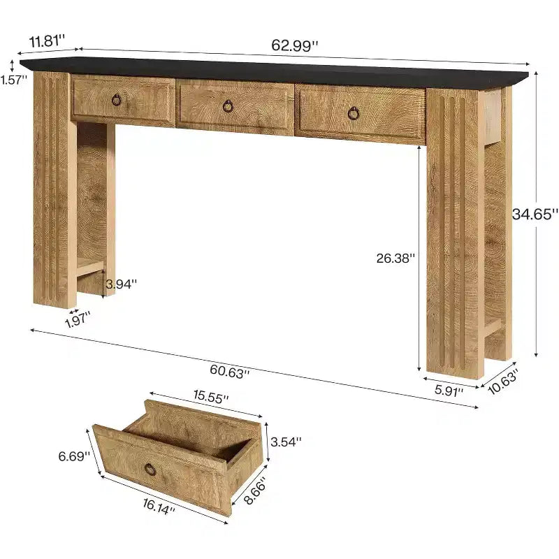 Lantine 63 Table Console avec 3 Tiroirs, Table de Canapé de Ferme Derrière le Canapé, Meuble d'Entrée Rustique pour Couloir, Salon