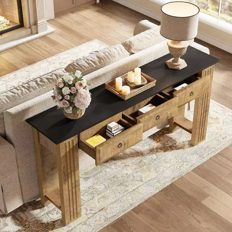 Lantine 63 Table Console avec 3 Tiroirs, Table de Canapé de Ferme Derrière le Canapé, Meuble d'Entrée Rustique pour Couloir, Salon