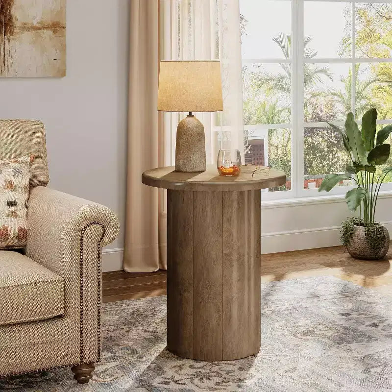 Table d'appoint ronde Lantine avec base cannelée, table de chevet de 50,8 cm, pour salon, chambre à coucher, petits espaces, marron rustique