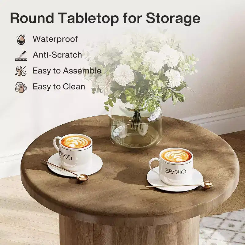 Table d'appoint ronde Lantine avec base cannelée, table de chevet de 50,8 cm, pour salon, chambre à coucher, petits espaces, marron rustique