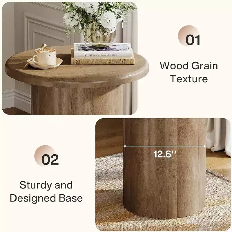 Table d'appoint ronde Lantine avec base cannelée, table de chevet de 50,8 cm, pour salon, chambre à coucher, petits espaces, marron rustique