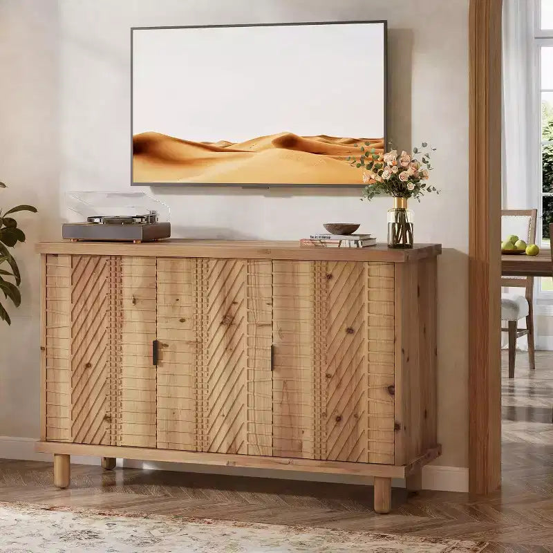Buffet en bois massif Lantine avec rangement, buffet de ferme avec 3 portes et 2 étagères réglables, pour cuisine et entrée, naturel