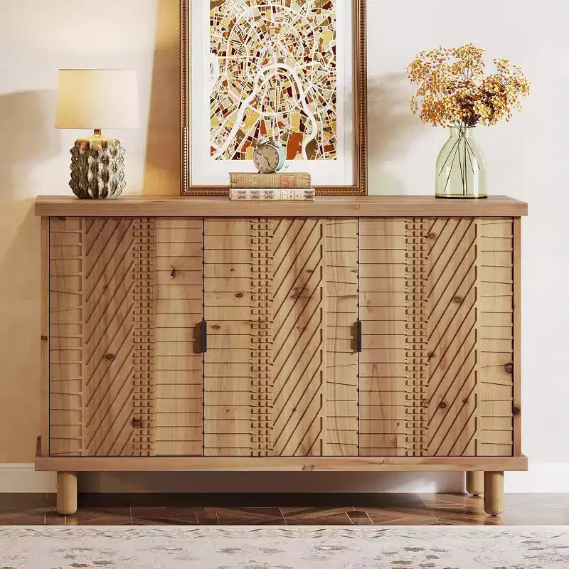 Buffet en bois massif Lantine avec rangement, buffet de ferme avec 3 portes et 2 étagères réglables, pour cuisine et entrée, naturel