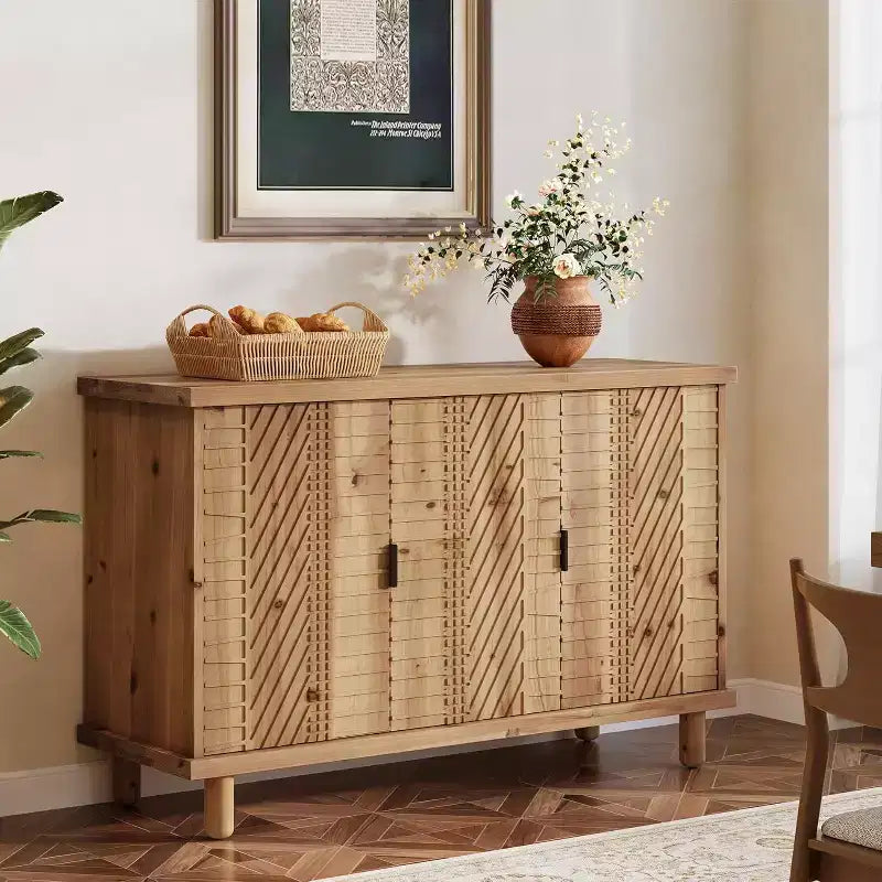 Buffet en bois massif Lantine avec rangement, buffet de ferme avec 3 portes et 2 étagères réglables, pour cuisine et entrée, naturel