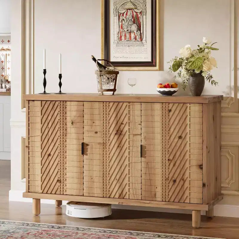 Buffet en bois massif Lantine avec rangement, buffet de ferme avec 3 portes et 2 étagères réglables, pour cuisine et entrée, naturel