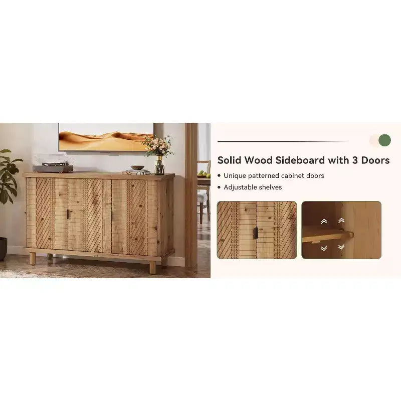 Buffet en bois massif Lantine avec rangement, buffet de ferme avec 3 portes et 2 étagères réglables, pour cuisine et entrée, naturel