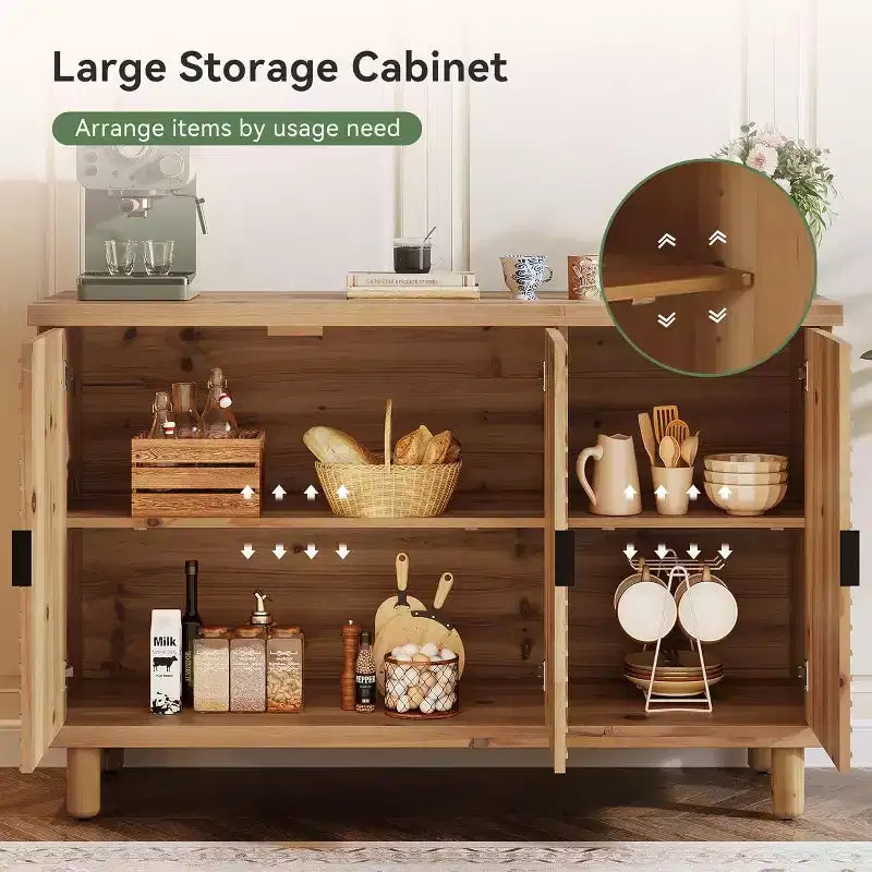 Buffet en bois massif Lantine avec rangement, buffet de ferme avec 3 portes et 2 étagères réglables, pour cuisine et entrée, naturel