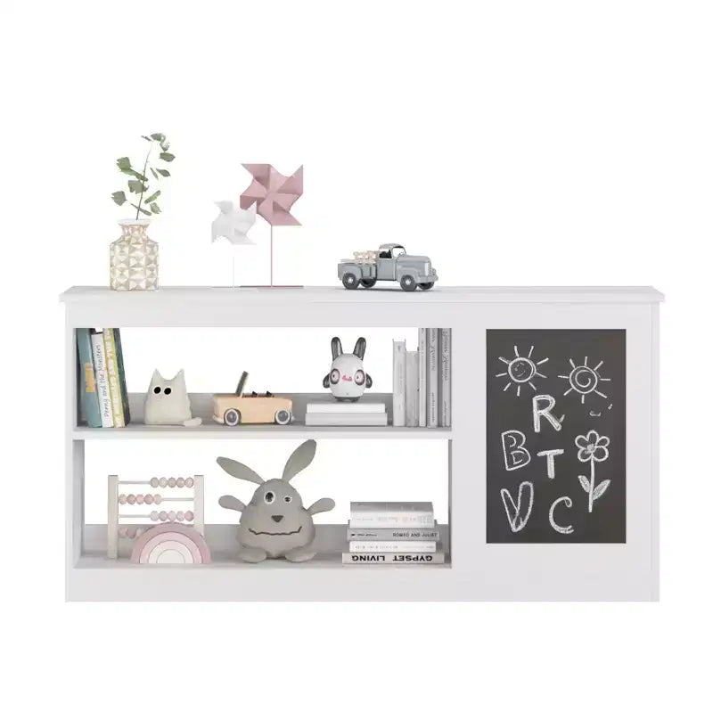 MAYEERTY Étagère à livres et meuble de rangement pour jouets 3 en 1 avec tableau noir, organiseur pour salle de jeux, chambre, salle de classe, blanc